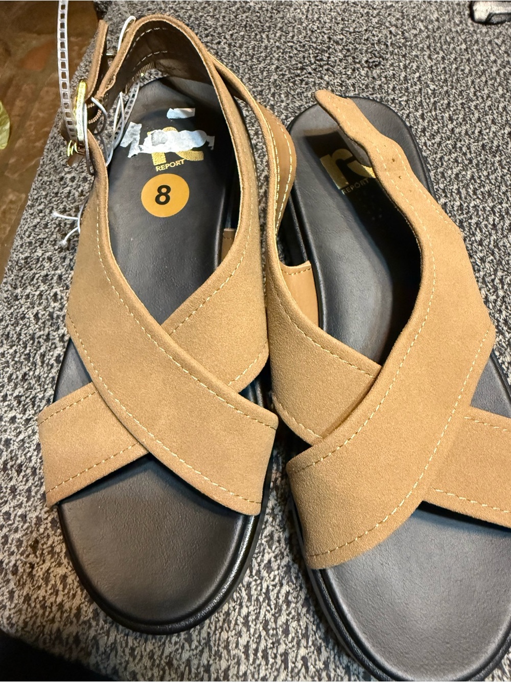 Report Tan Suede Cross-Strap Sandals